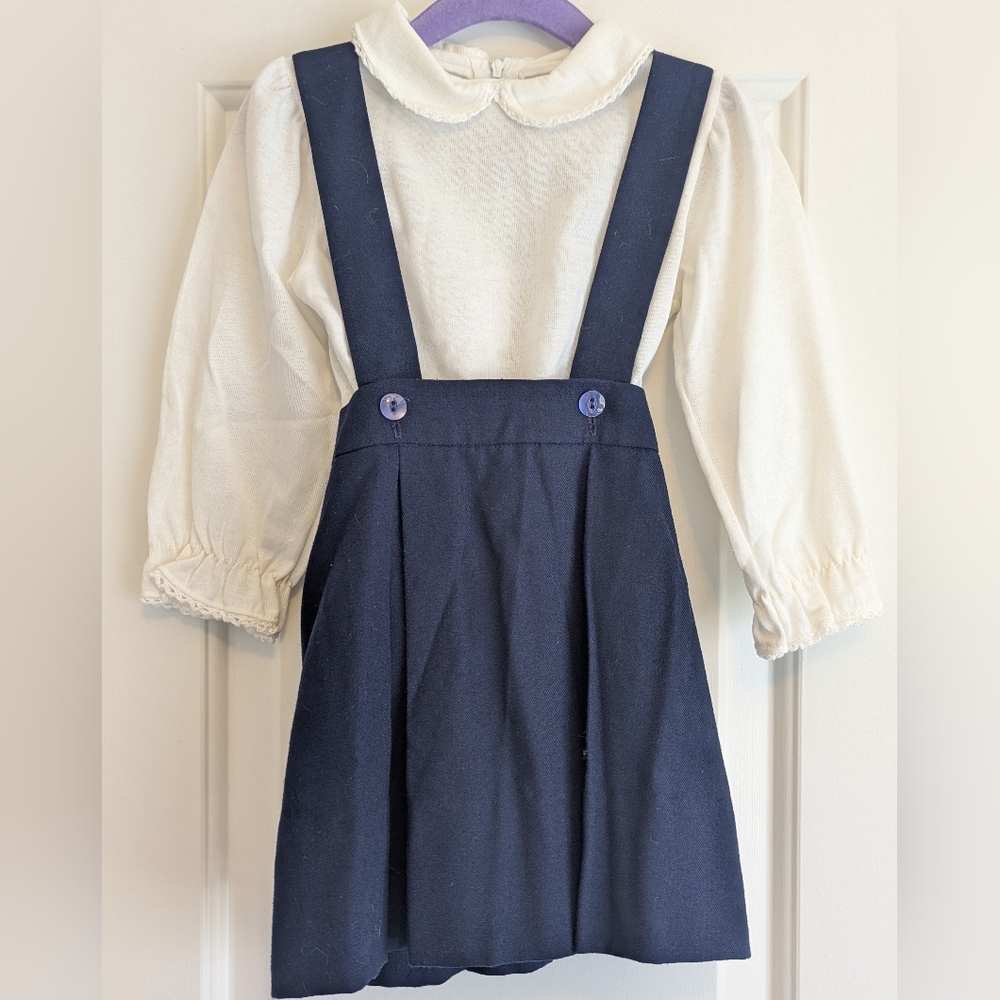 Vintage Florence Eiseman Navy Blue Suspender Skirt with White Blouse - 3T